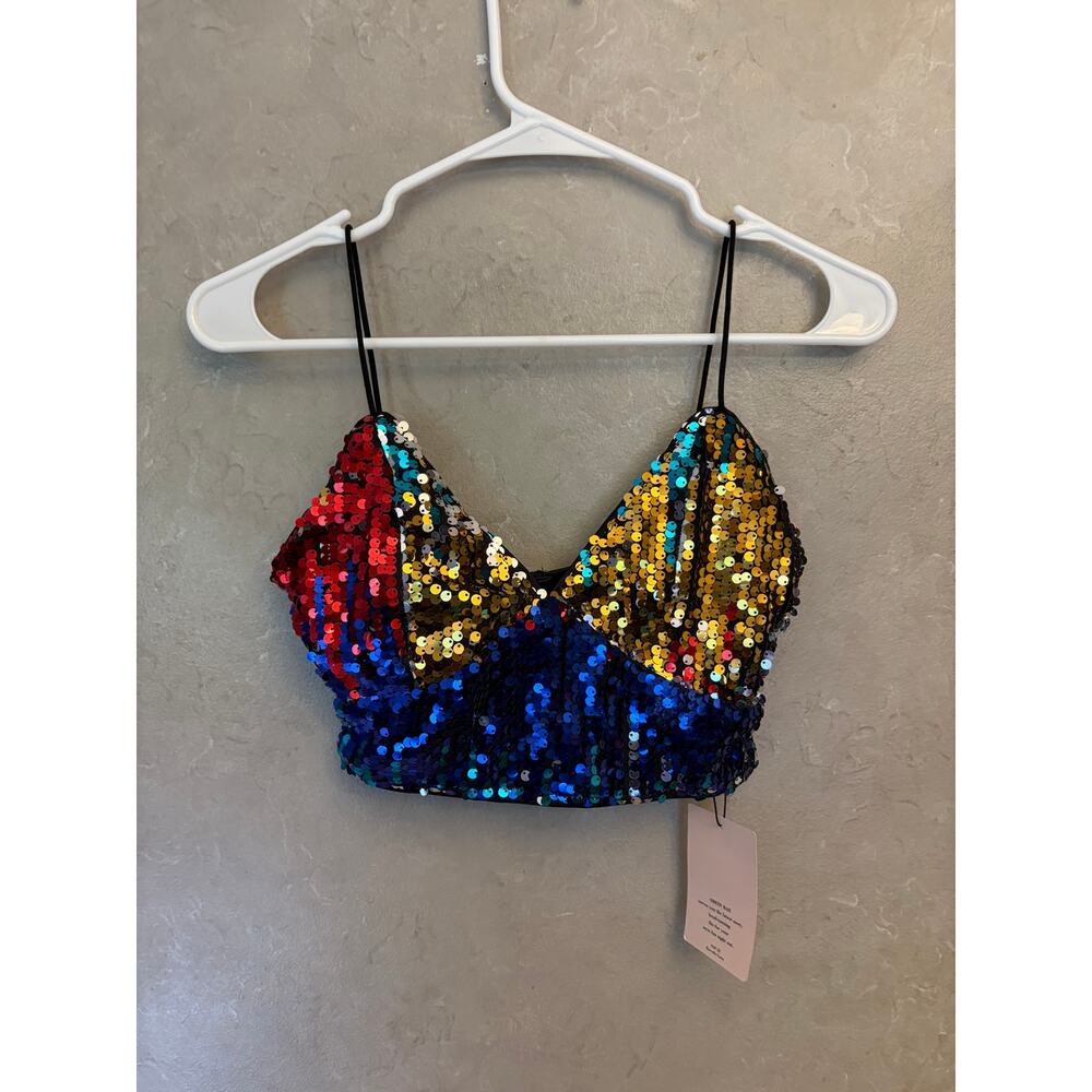 NWT SHEIN Colorblock Sequin V-Neck Cami Crop Top XS Party Festival Club - Picture 4 of 10